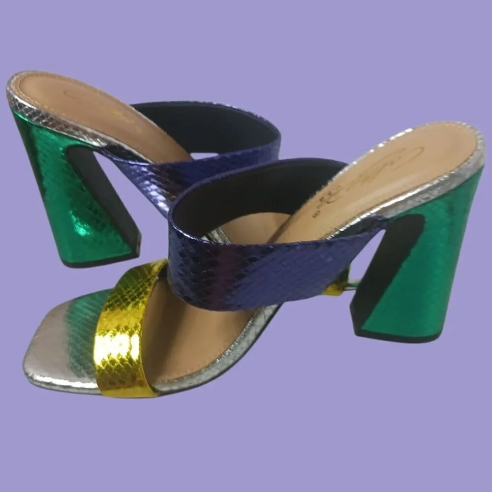 Cathy Din Faux Snake Skin Print Sandals Womens Metallics Purple Gold  Sz 6.5